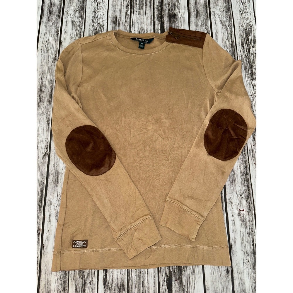 Lauren Ralph Lauren‎ Shirt Women Small Ladies khaki Round Neck Patch Elbow Zip